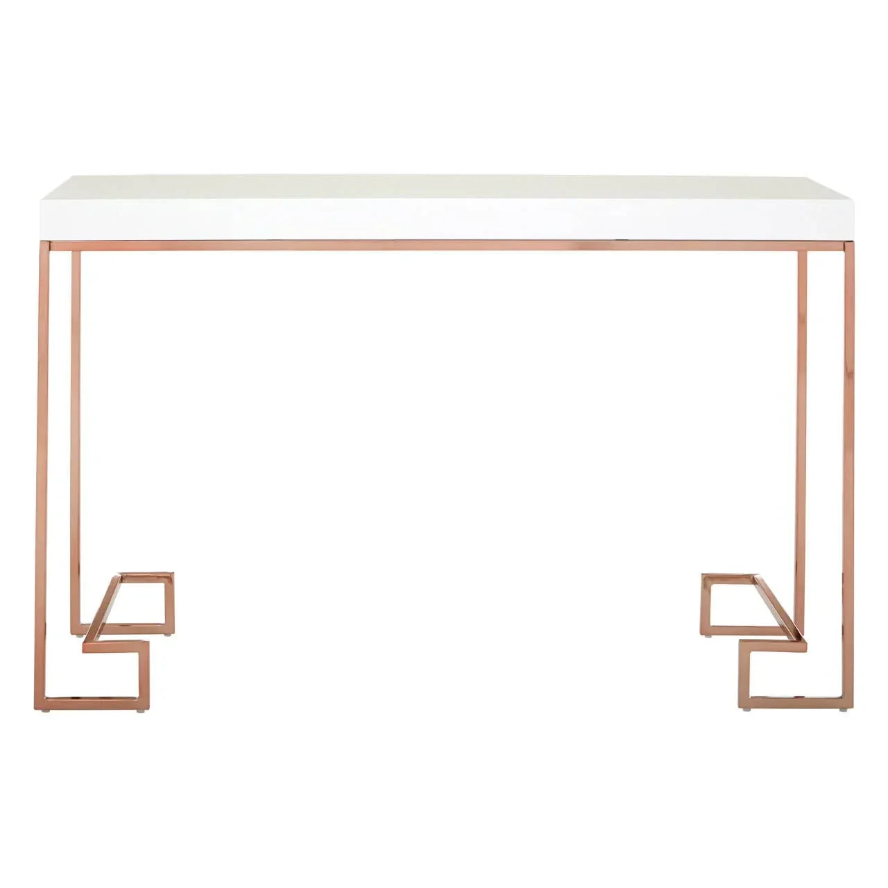 White console table with gold metal frame and geometric legs, front view