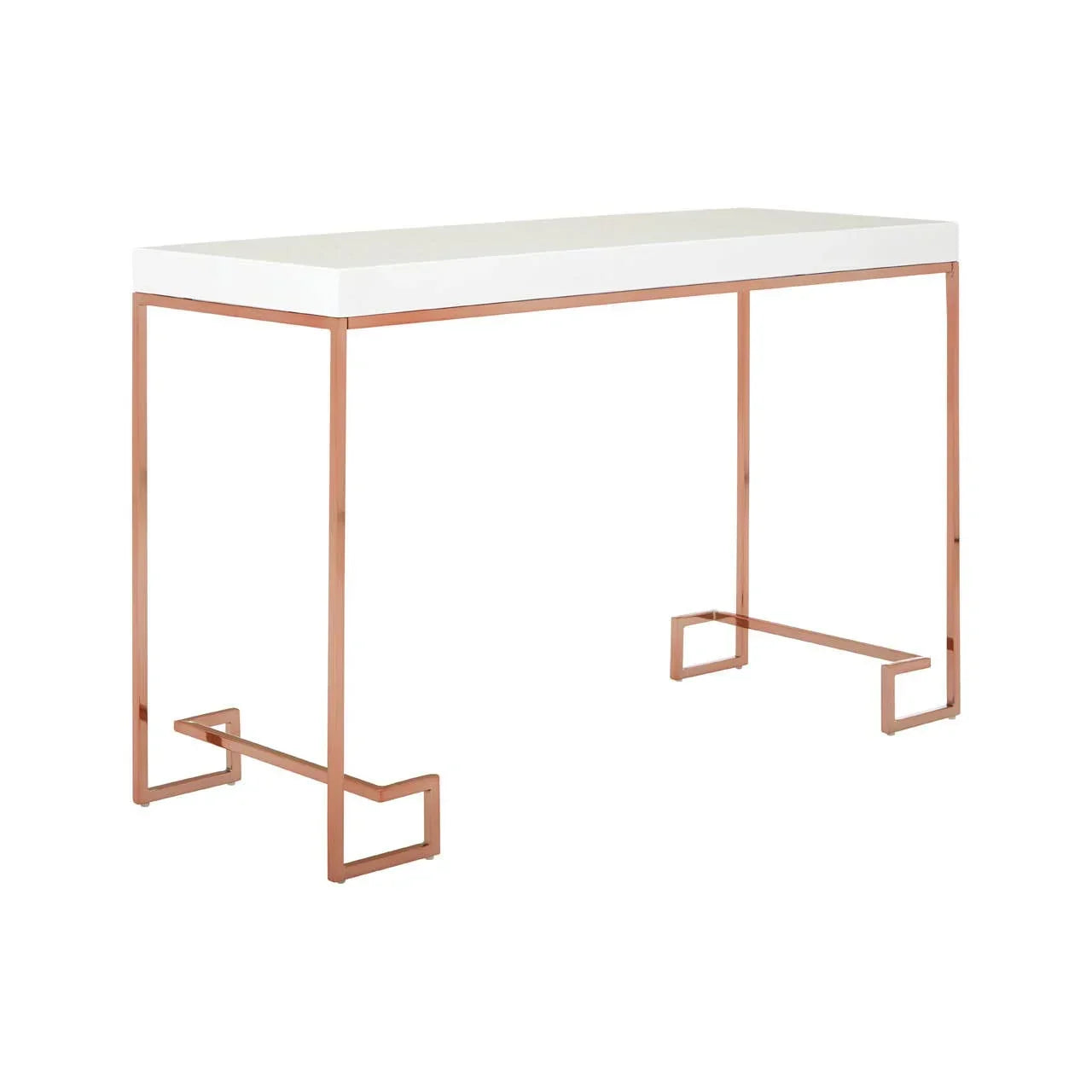 White console table with rose gold metal frame and modern geometric legs