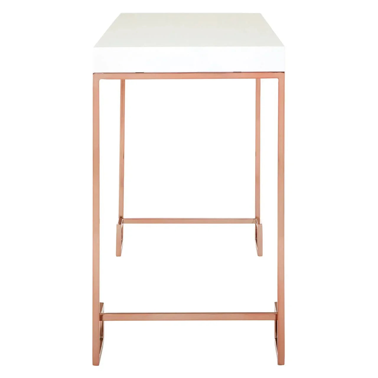 White tabletop console table with rose gold metal frame, frontal view