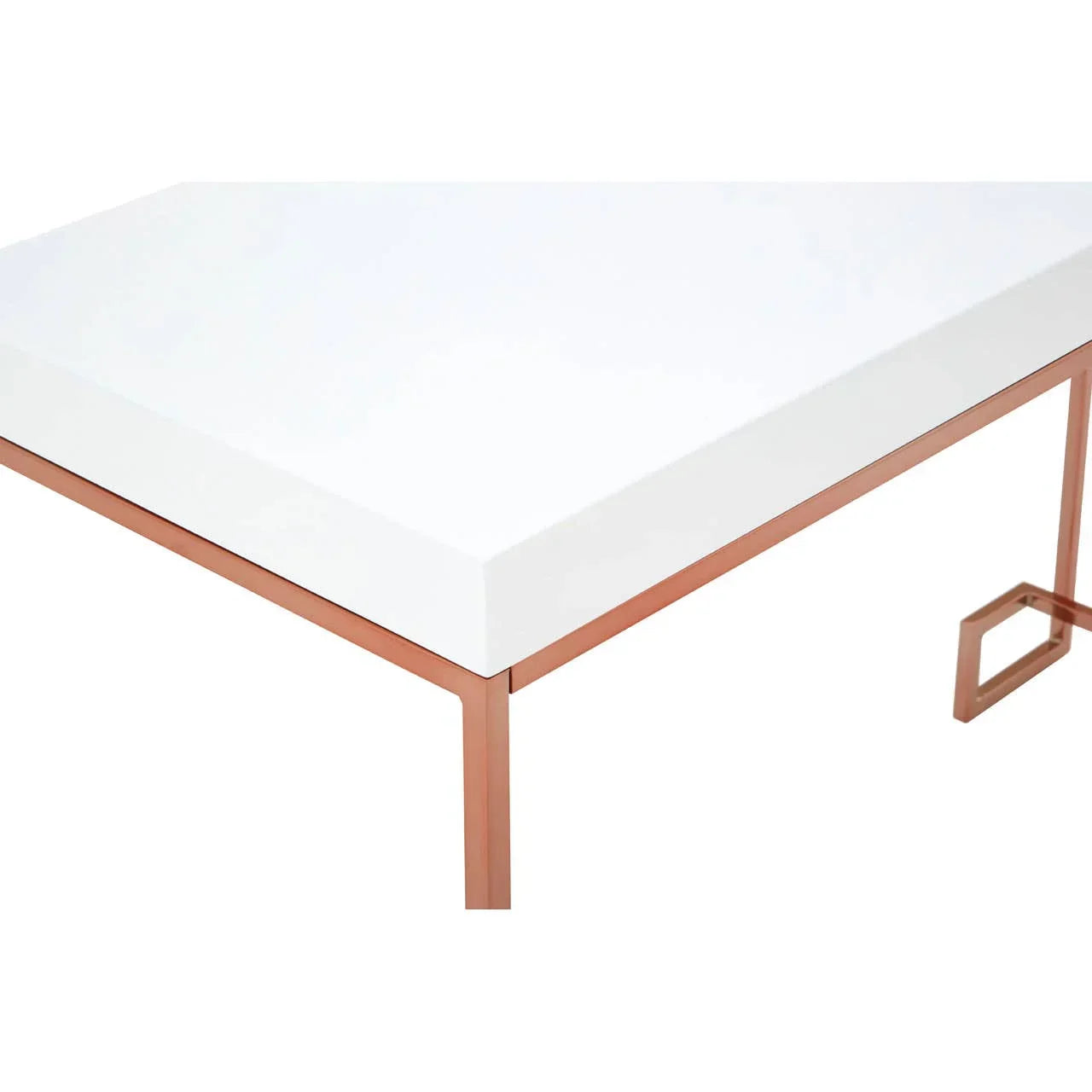 White dining table with copper metal frame and modern geometric leg detail