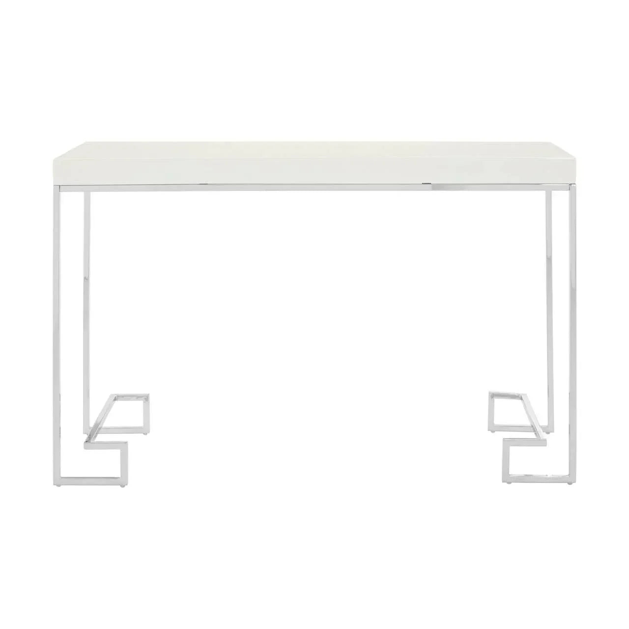 White console table with metal geometric legs, modern minimalist design, front view