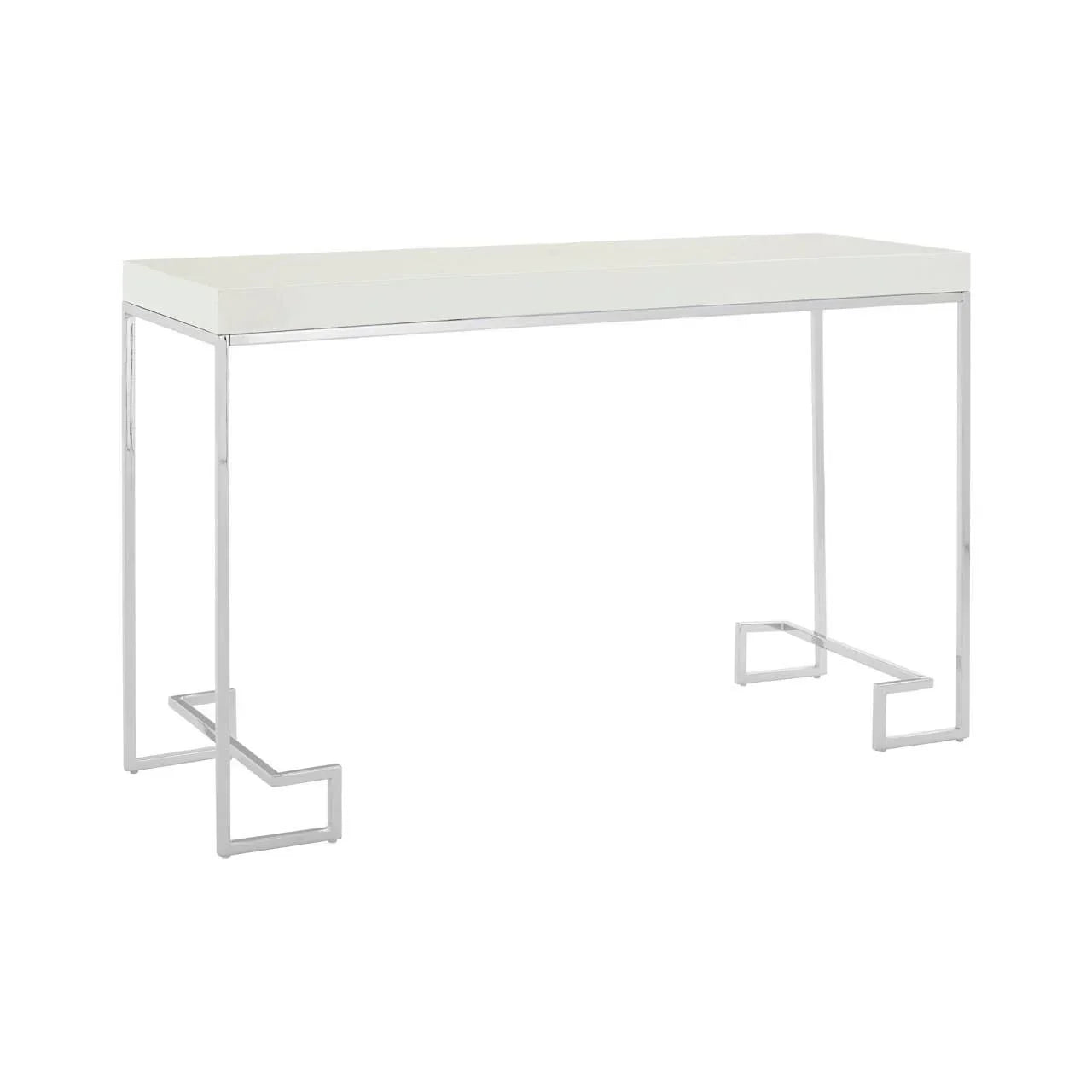 White console table with high gloss top and chrome metal legs on white background