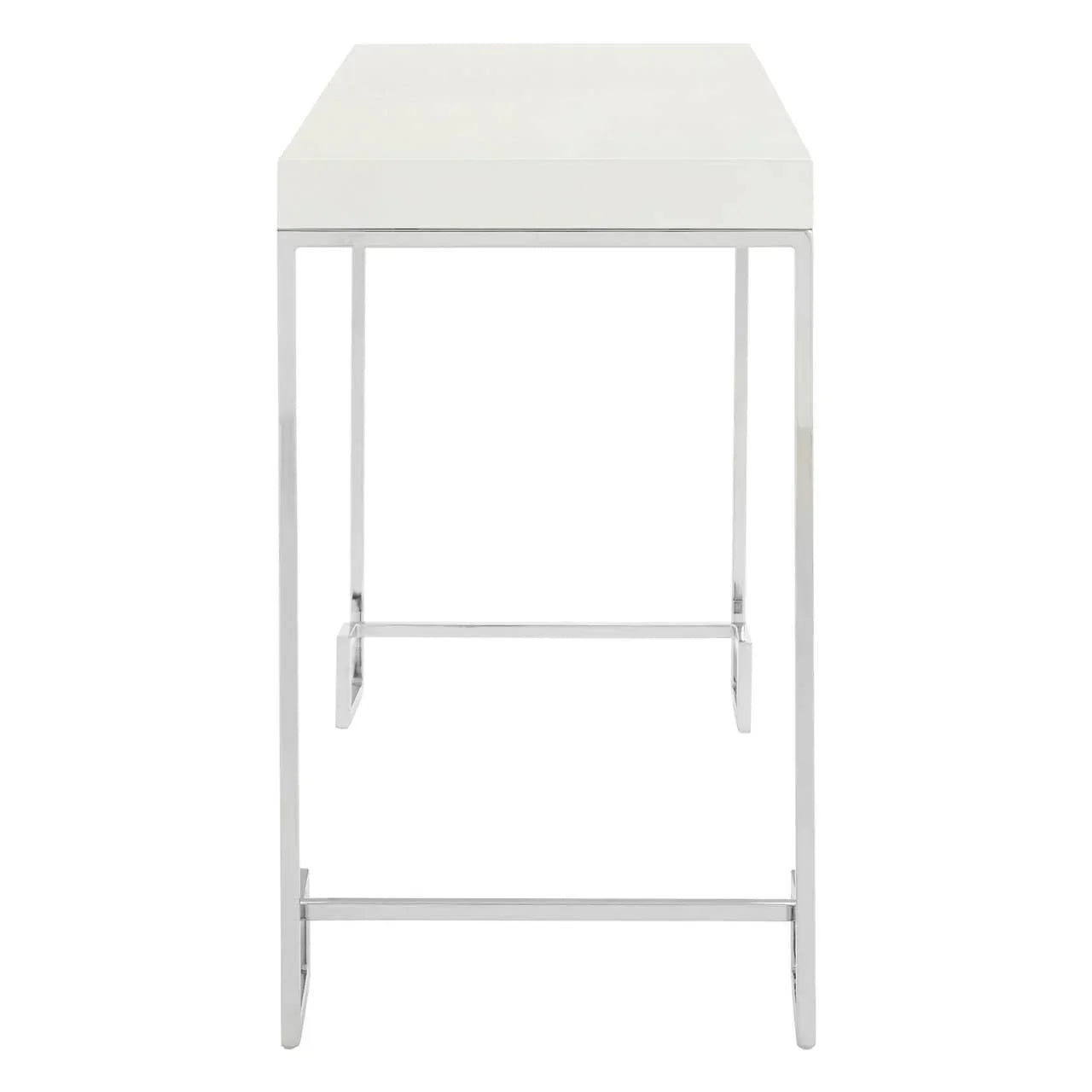 Modern white side table with chrome metal legs, front angle view