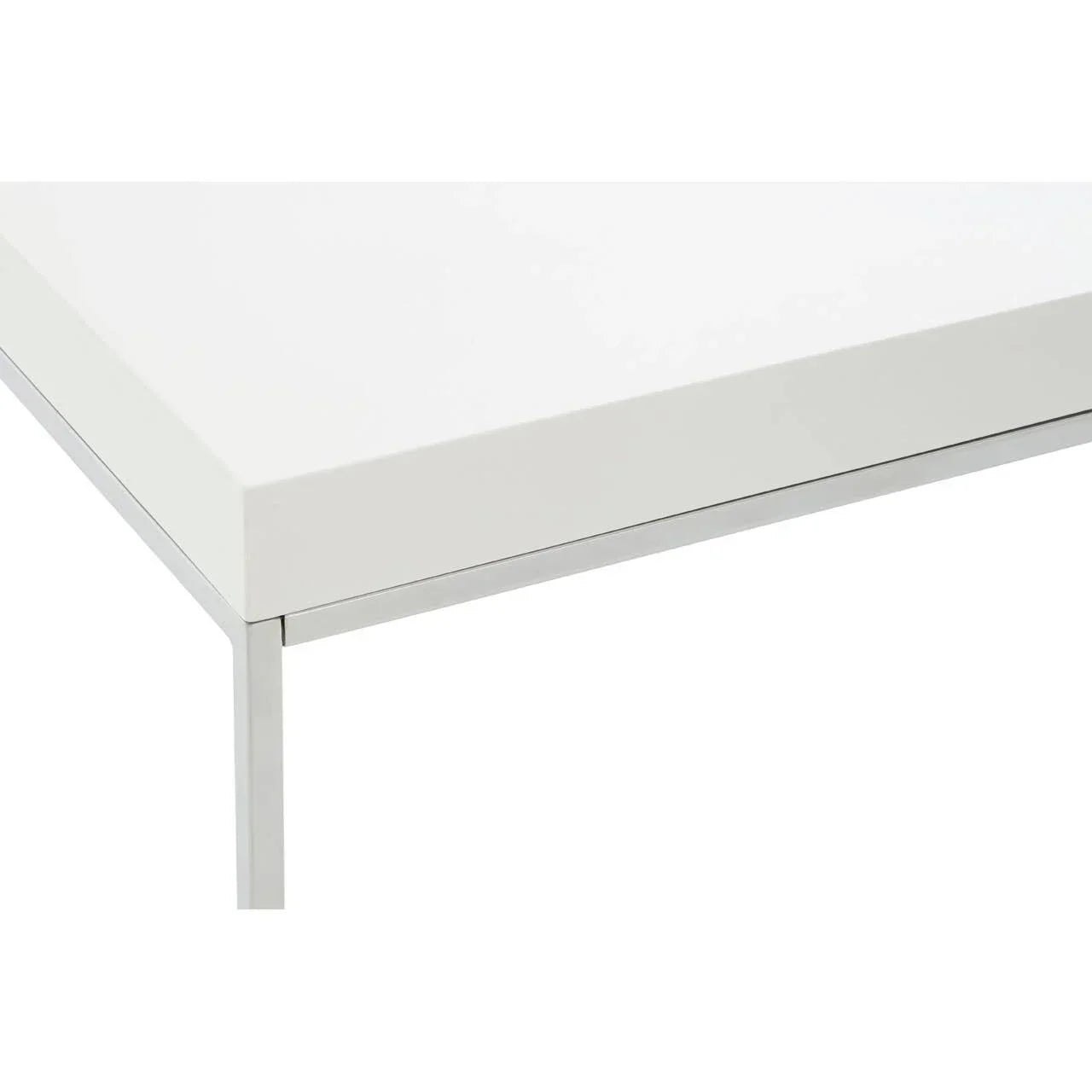 White modern table corner with metal legs and minimalist design