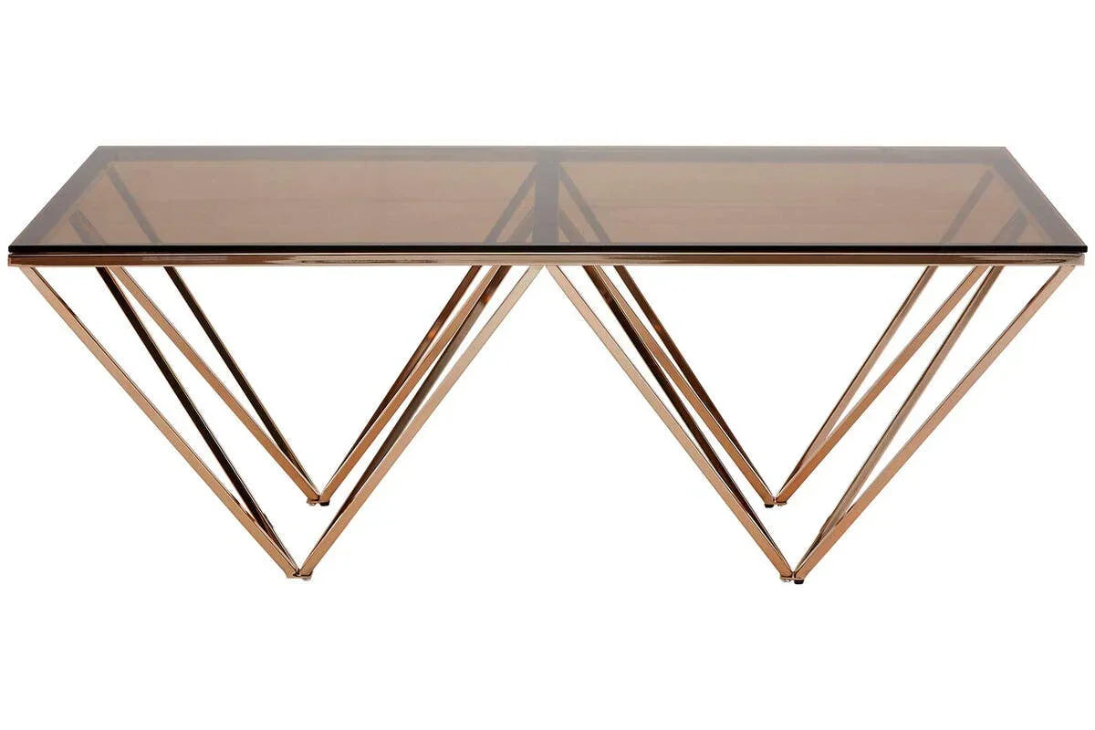 Rectangular glass console table with gold metal geometric legs, front view