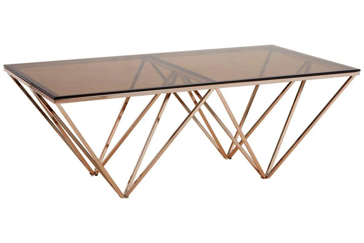 Rectangular glass coffee table with rose gold geometric metal legs