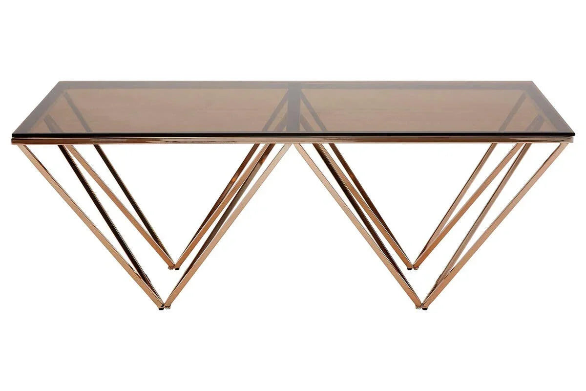 Modern console table with smoked glass top and gold geometric metal frame