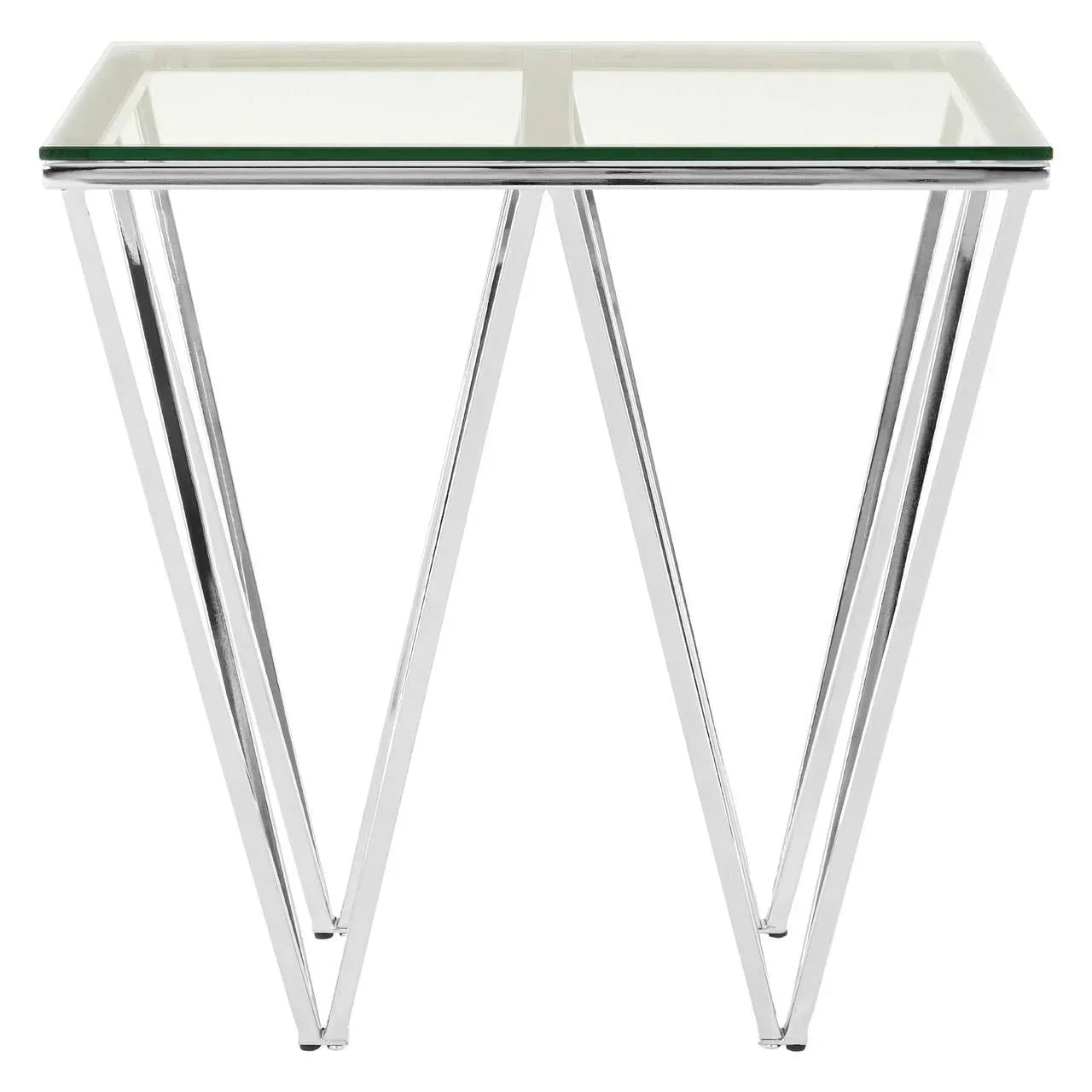 Modern glass console table with chrome V-shaped metal legs, straight-on view