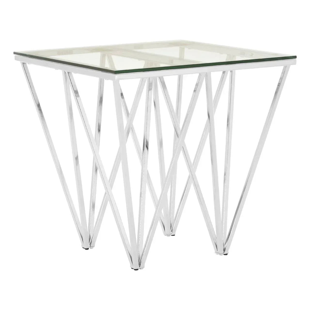 Glass top side table with chrome geometric metal frame, modern living room furniture