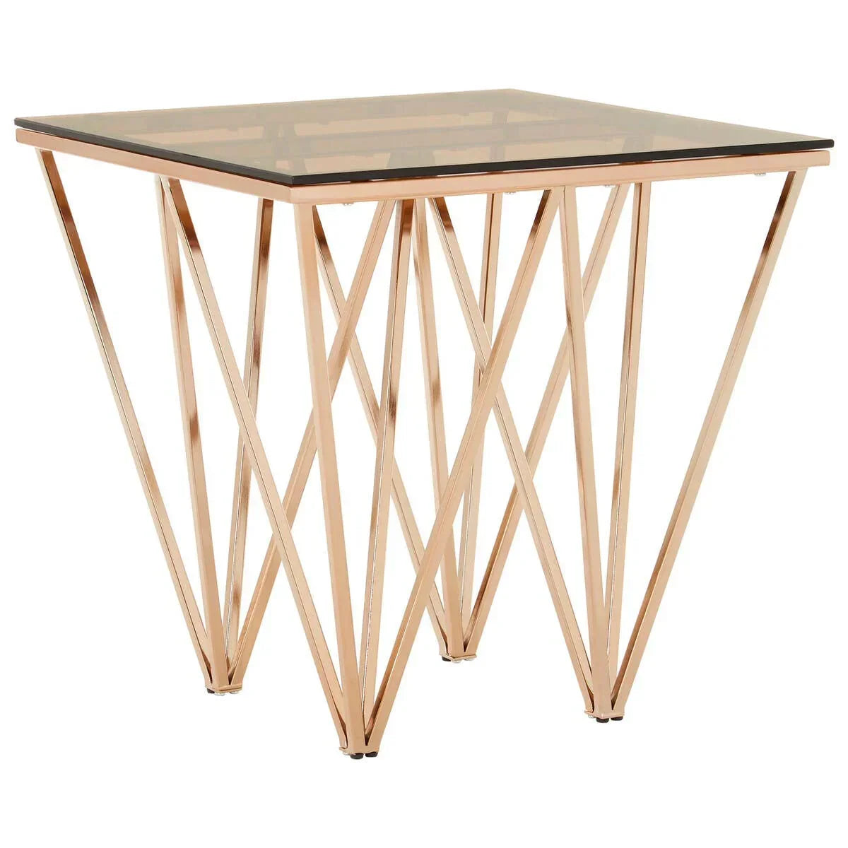 Square glass top side table with gold metal geometric base
