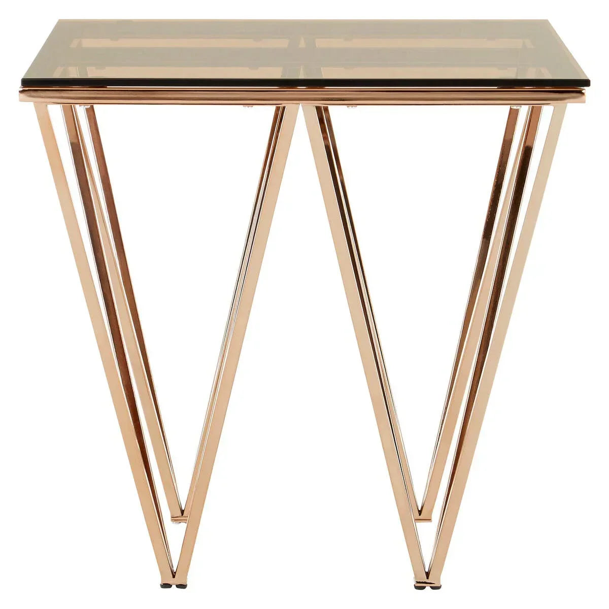 Rectangular glass console table with gold metal frame and geometric legs, front view