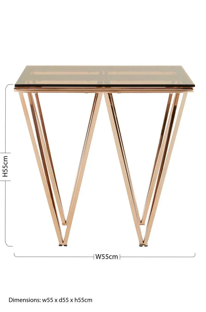 Gold metal and glass side table with geometric legs, 55x55x55cm dimensions shown
