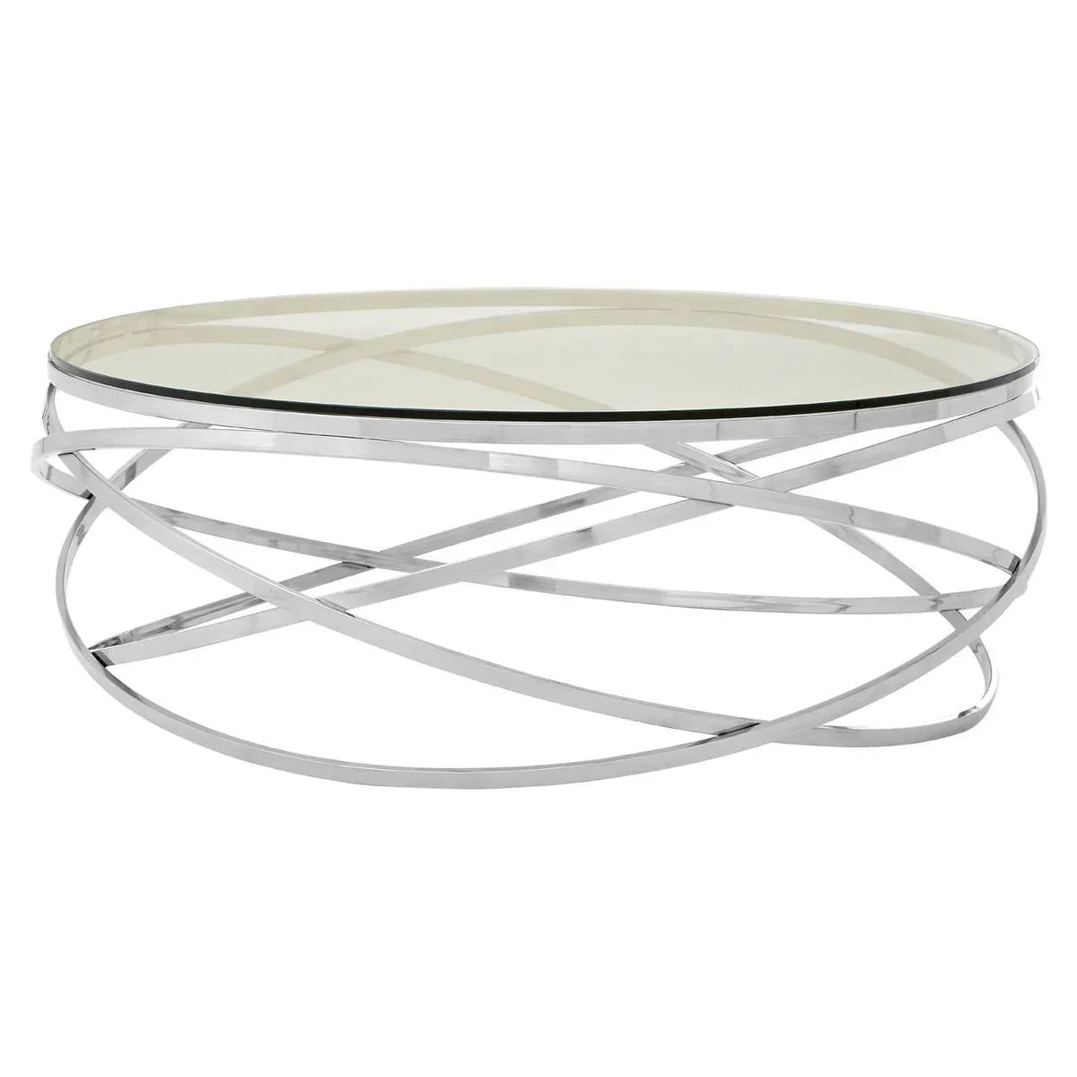 Round glass coffee table with chrome metal base and intersecting geometric design