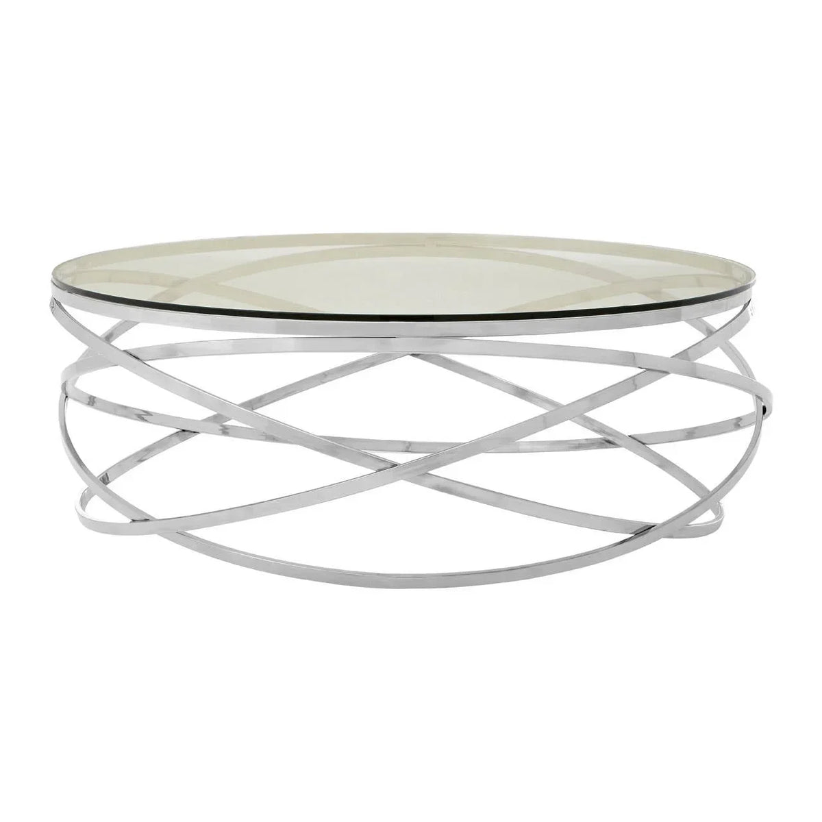 Round glass coffee table with chrome criss-cross metal base
