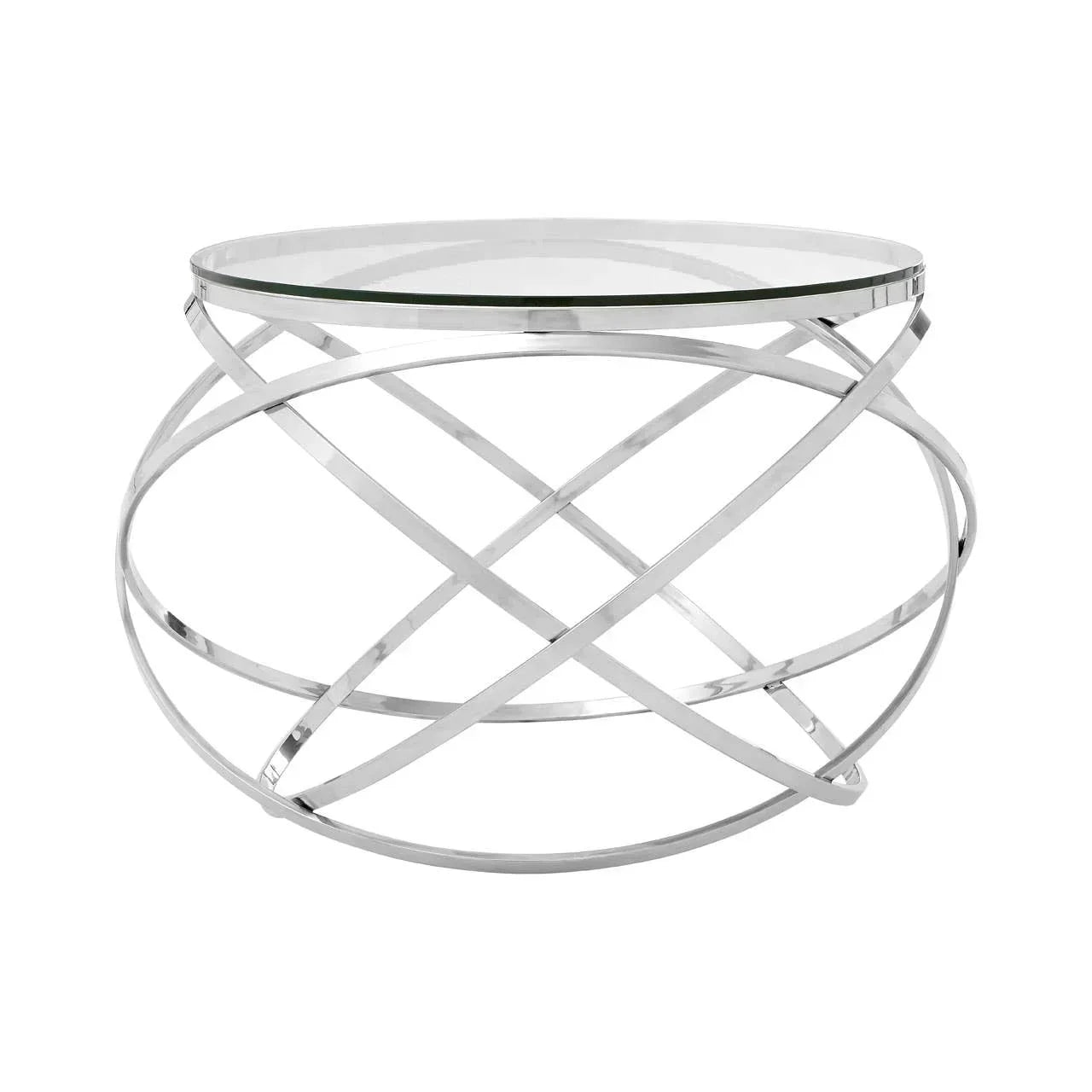 Round glass coffee table with chrome metal base in geometric design