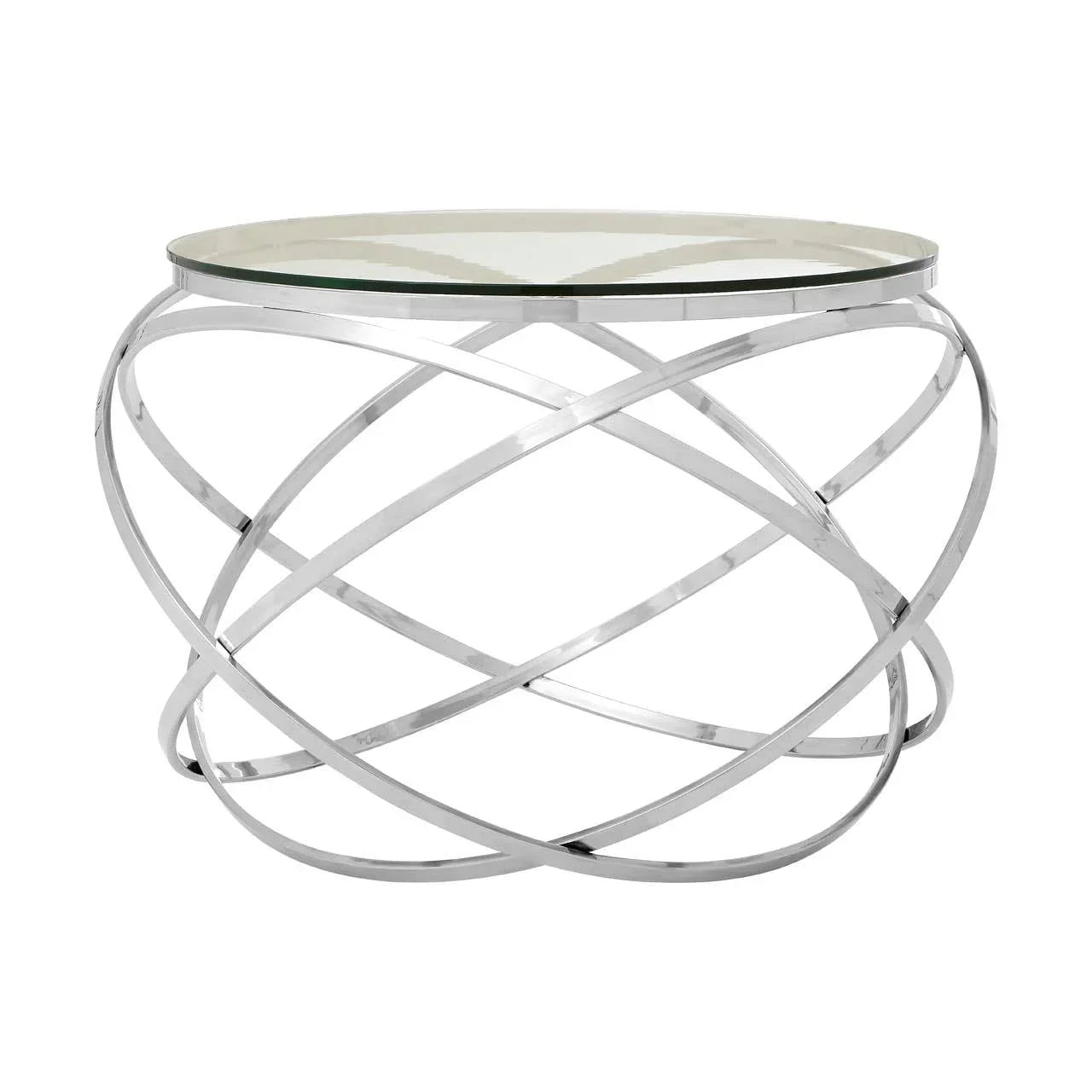 Round glass top coffee table with chrome metal swirl base design