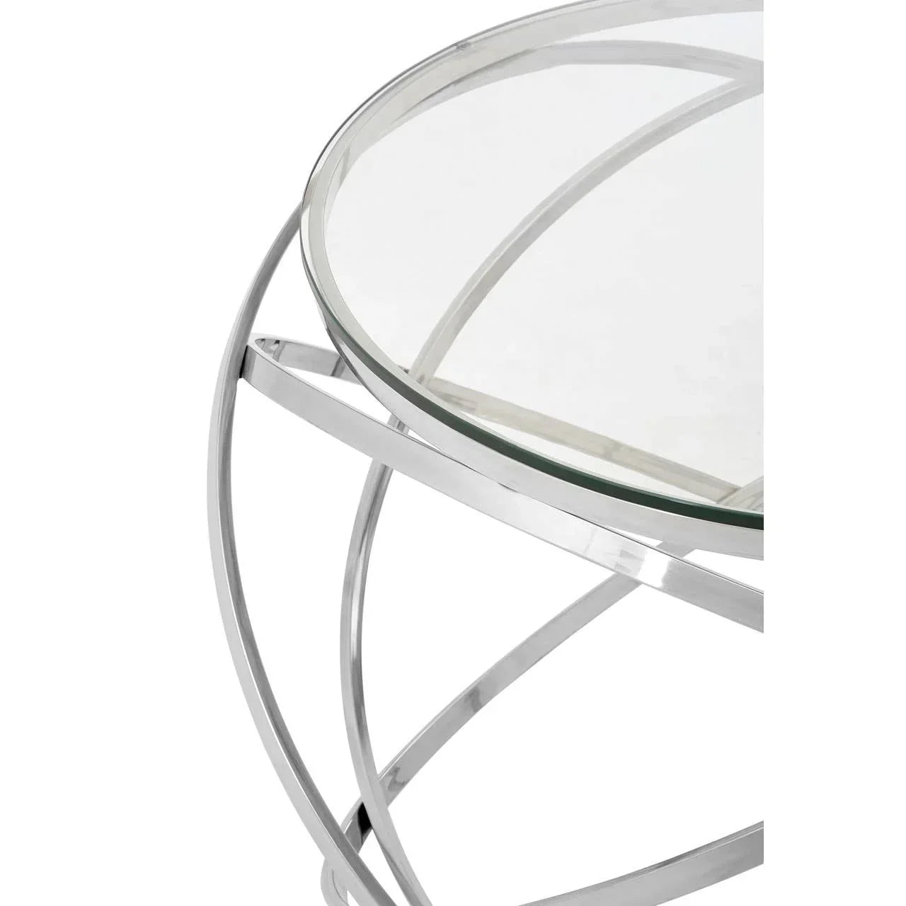 Round glass side table with chrome metal frame and modern geometric design