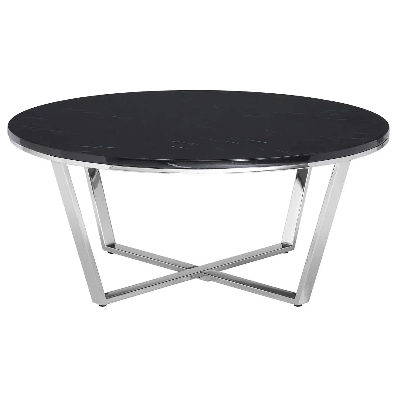 Round black marble coffee table with silver metal base, modern minimalist design