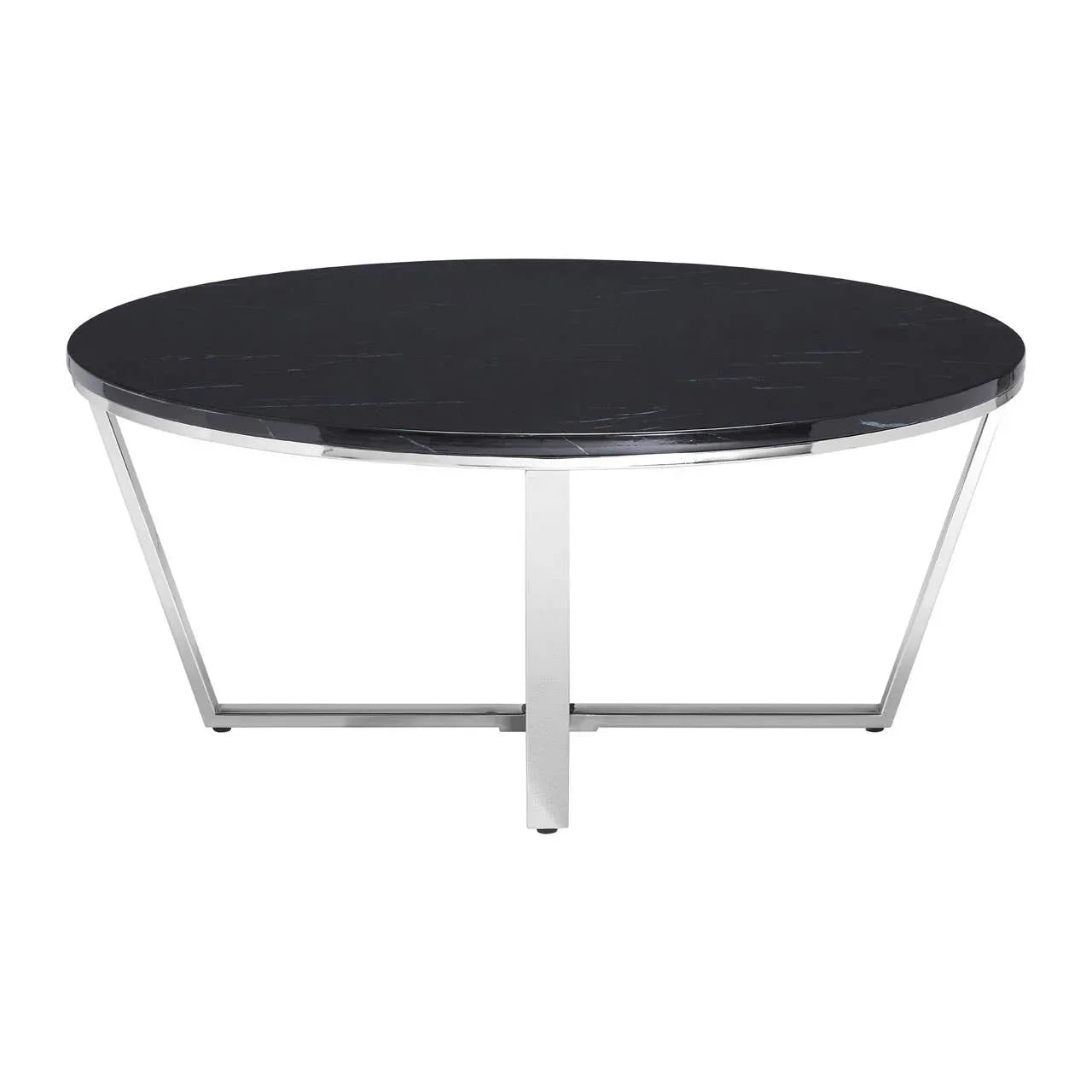 Black marble coffee table with round top and chrome metal base, front angle view