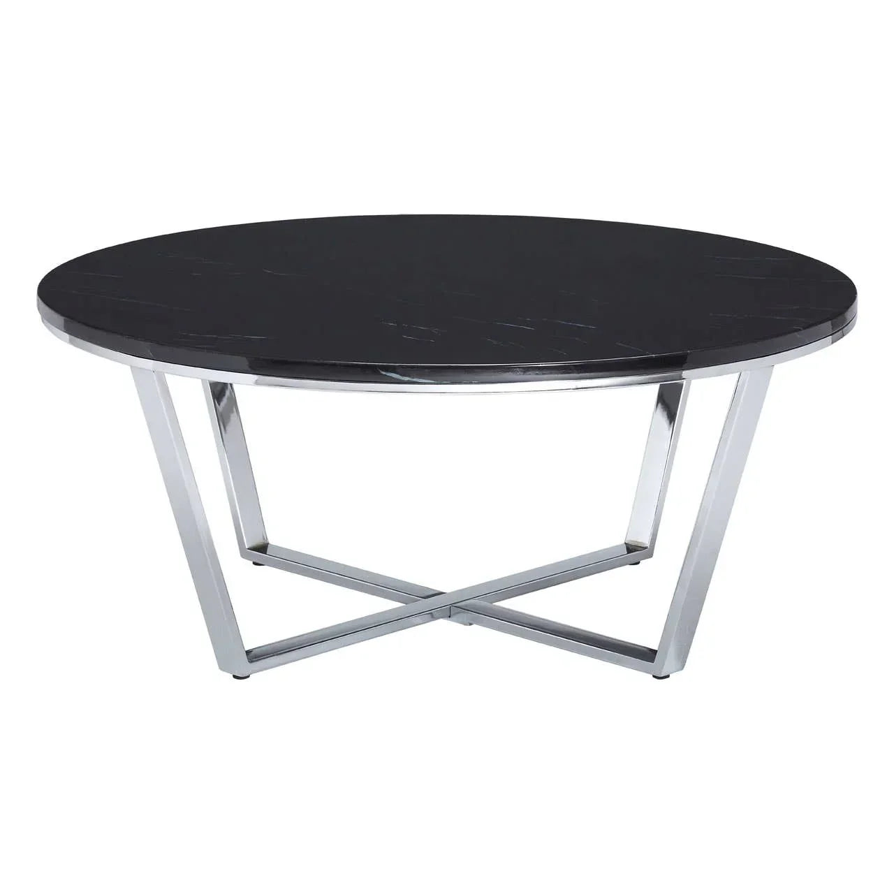 Black marble coffee table with round top and chrome metal legs