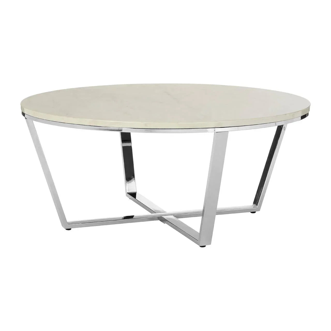 Round marble coffee table with chrome legs and modern cross-base design