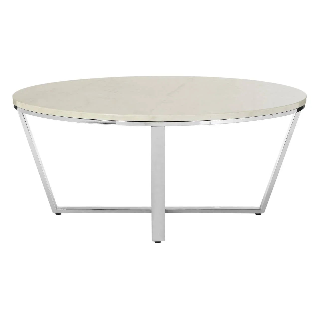 Round marble coffee table with chrome metal legs and minimalist design
