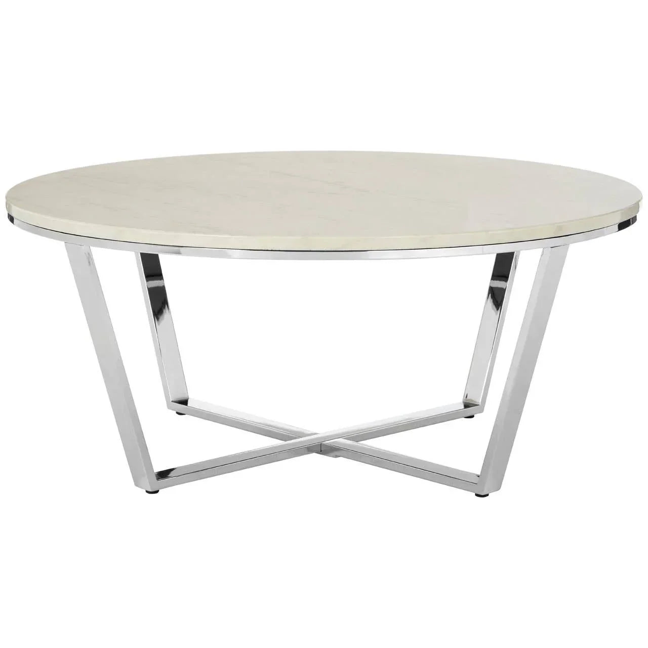 Round coffee table with white marble top and chrome metal legs