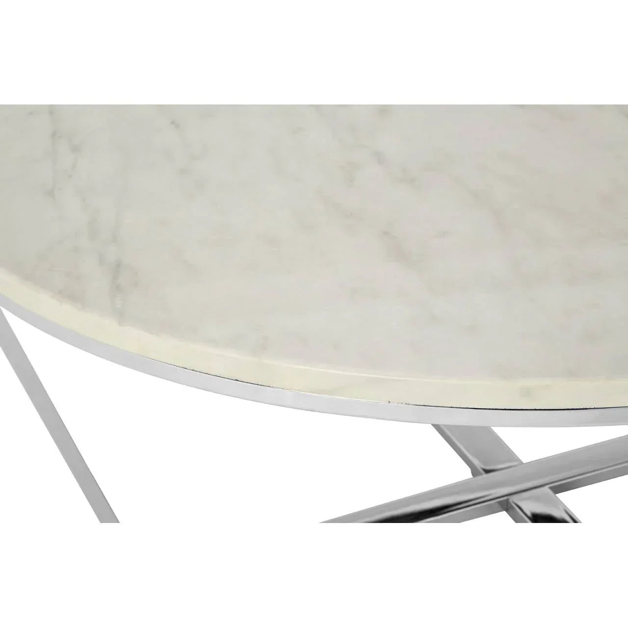 Round marble coffee table top with chrome crossed metal legs, close-up view