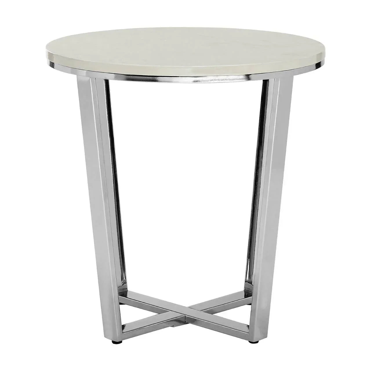 Round side table with white marble top and chrome metal legs, modern furniture design