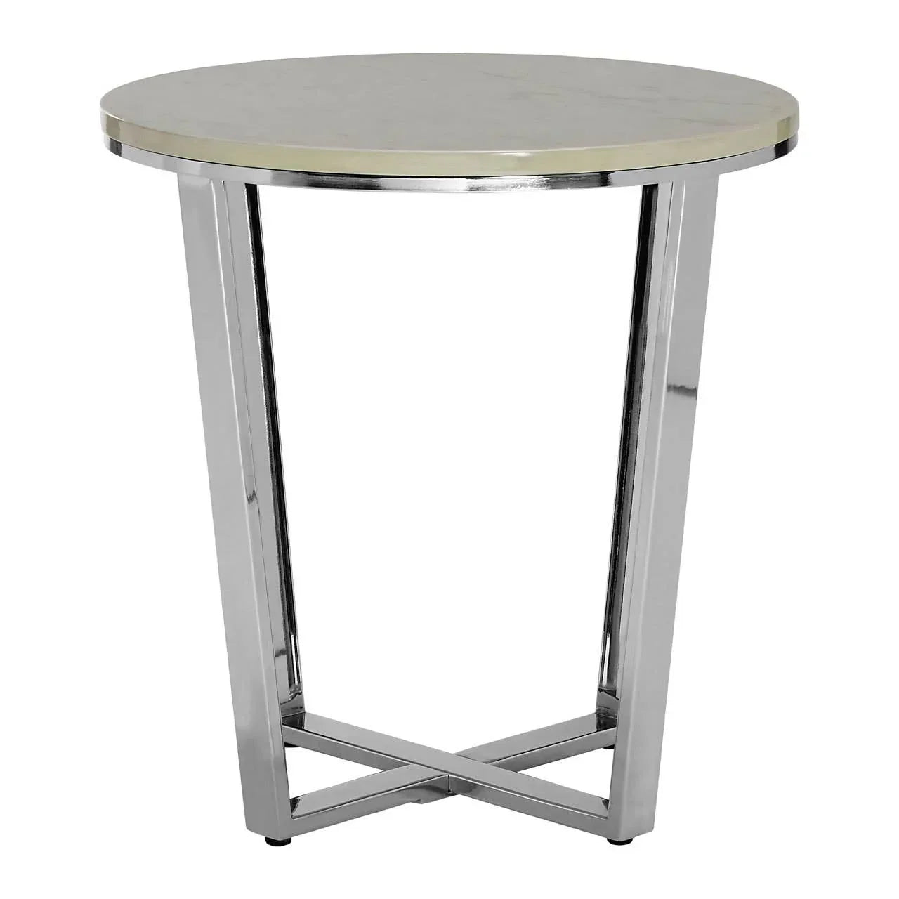 Round marble top side table with chrome metal legs and crossed base