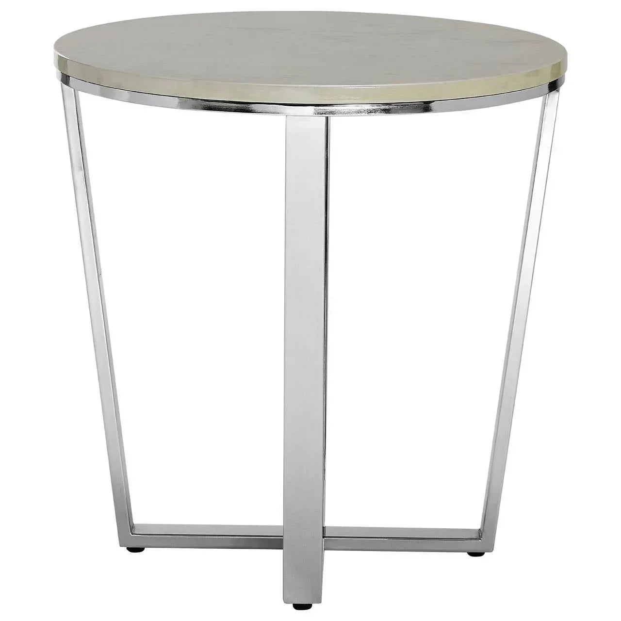 Round side table with a marble top and chrome metal legs, modern minimalist design