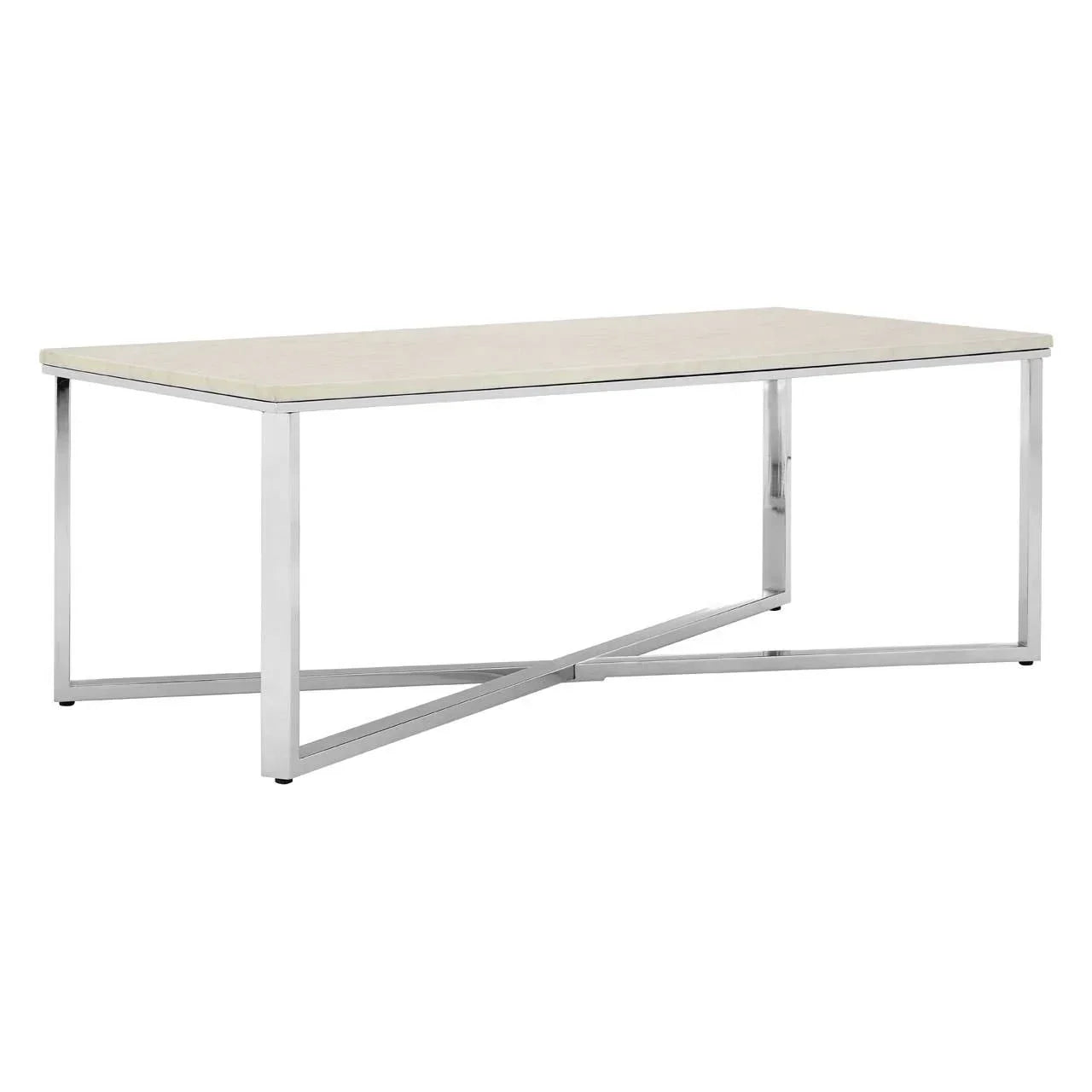 Rectangular coffee table with light wood top and chrome metal legs, modern style