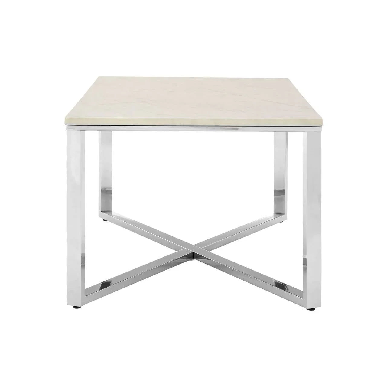 Marble top dining table with chrome metal frame and cross base, front view