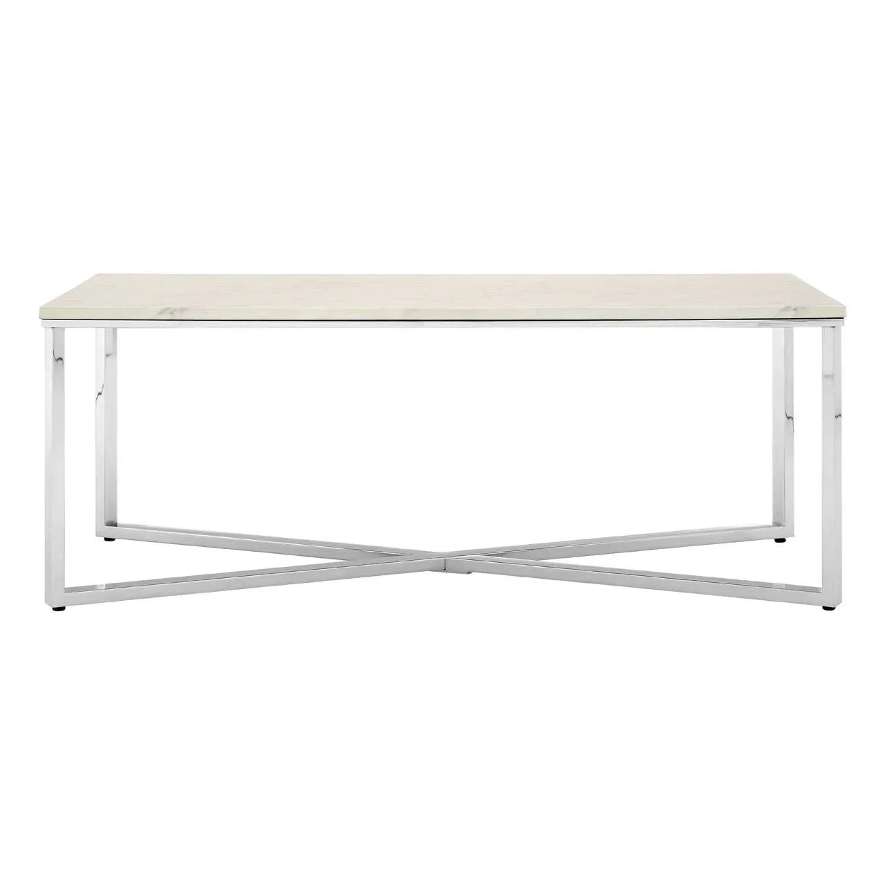 Modern dining table with white marble top and chrome metal frame, front view