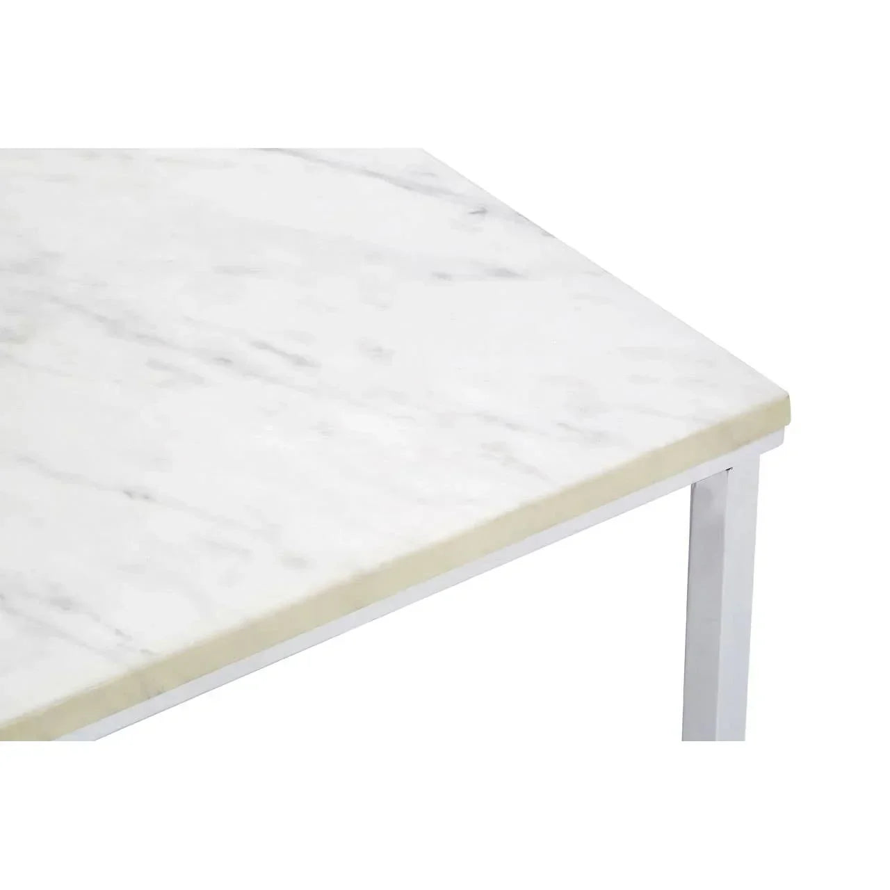white marble dining table top with metal legs, close-up corner view