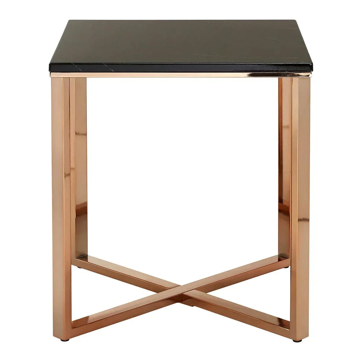 Square side table with black marble top and gold metal frame, front view