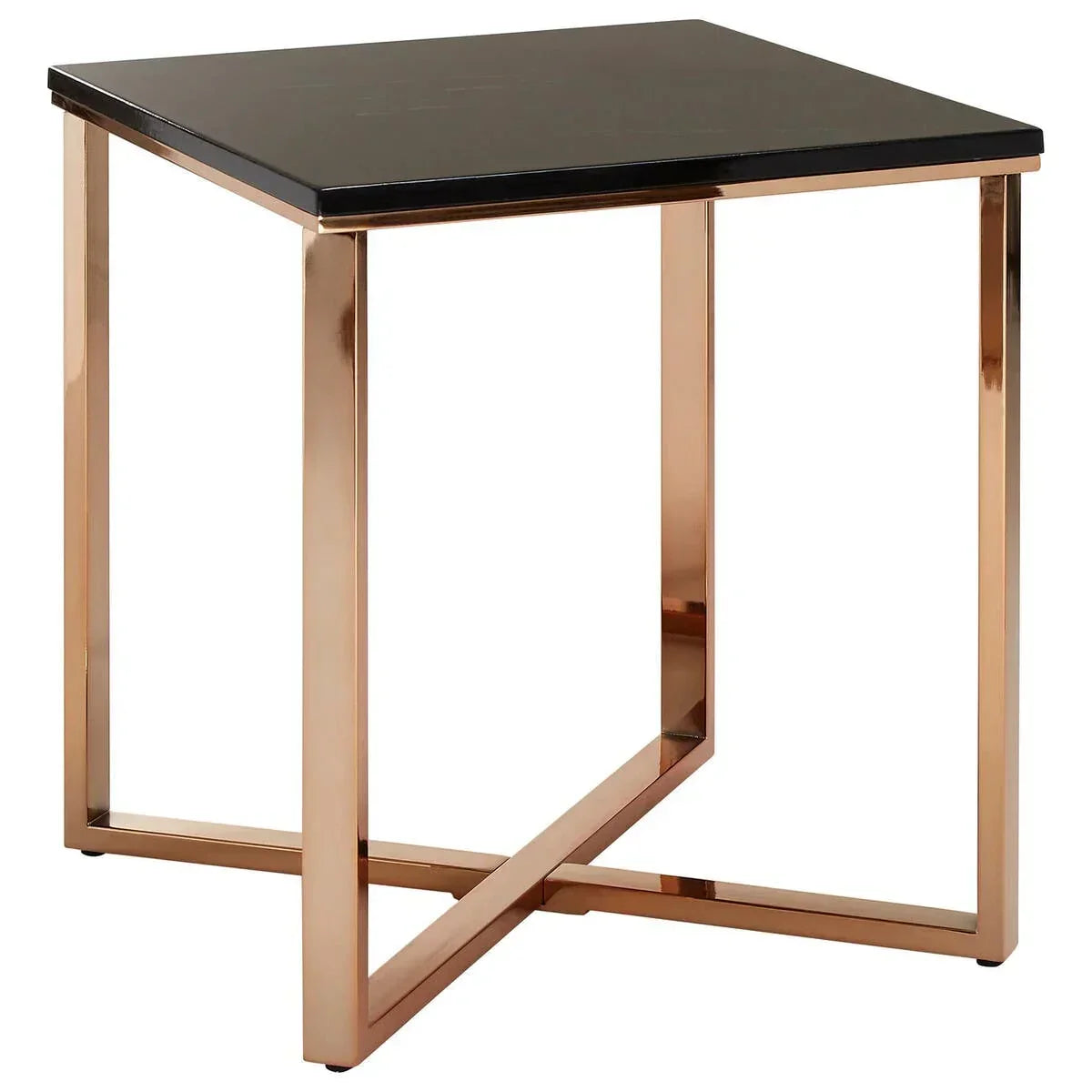 Black square side table with gold metal frame and modern cross base design