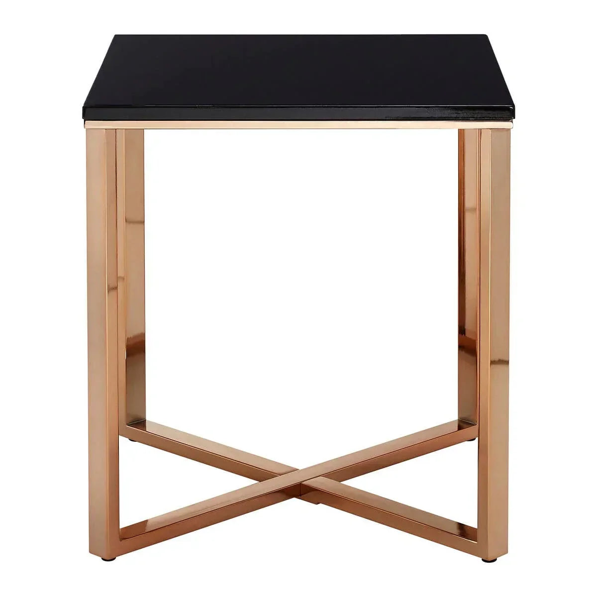 Black glass side table with gold metal frame and cross-base design