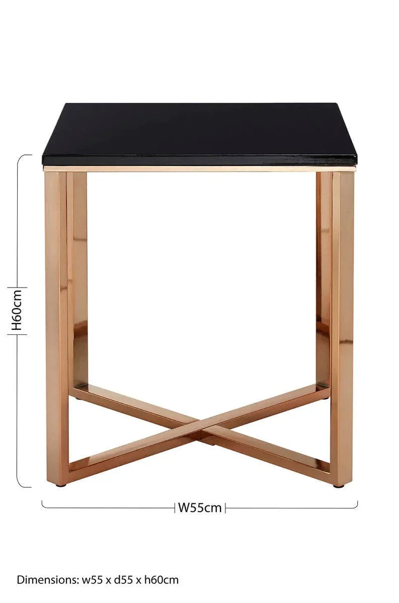 Black glass top side table with gold metal frame and cross base, 55x55x60cm dimensions