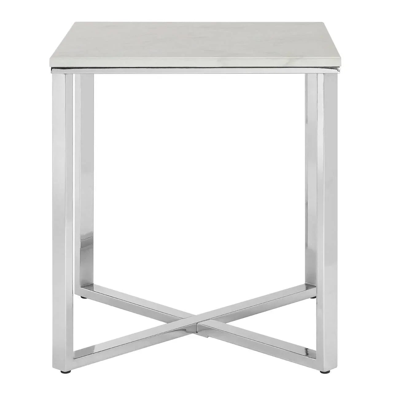 Square marble top side table with chrome metal legs and cross base, front view