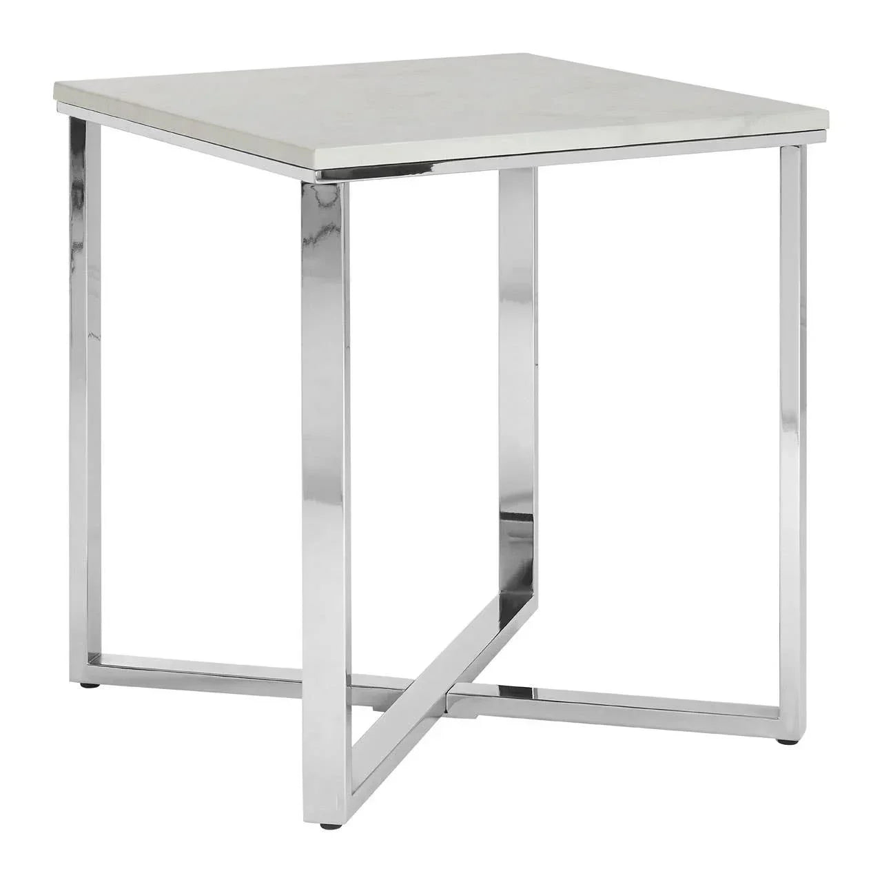 Square side table with white marble top and chrome metal legs