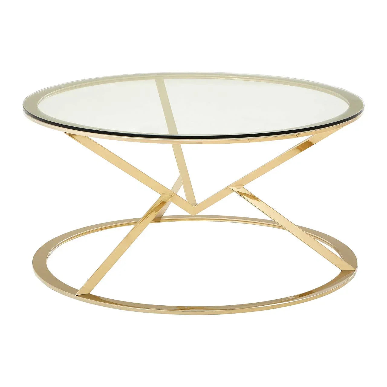 Round glass coffee table with gold metal geometric base on white background