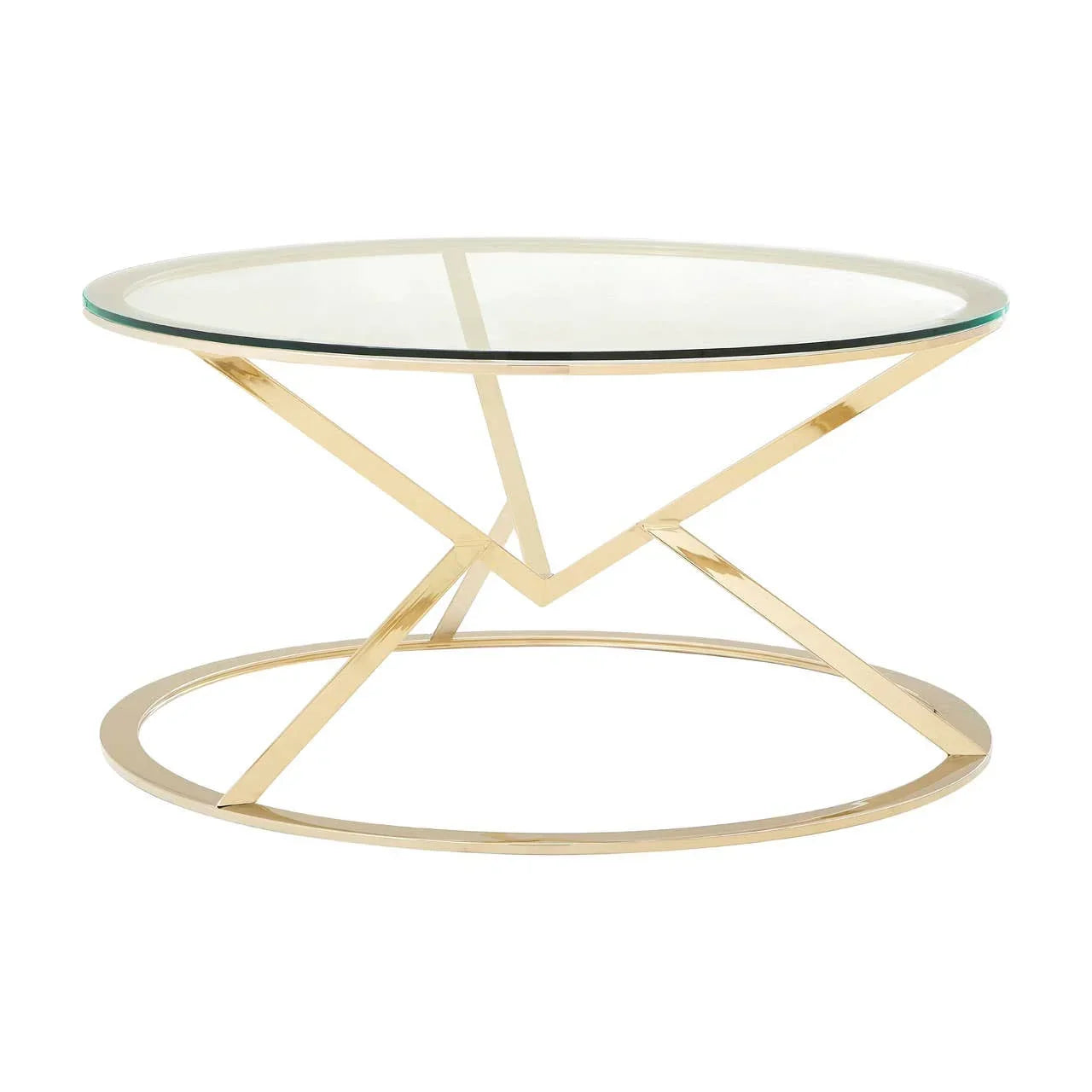 Round glass coffee table with gold metal frame and modern geometric base design