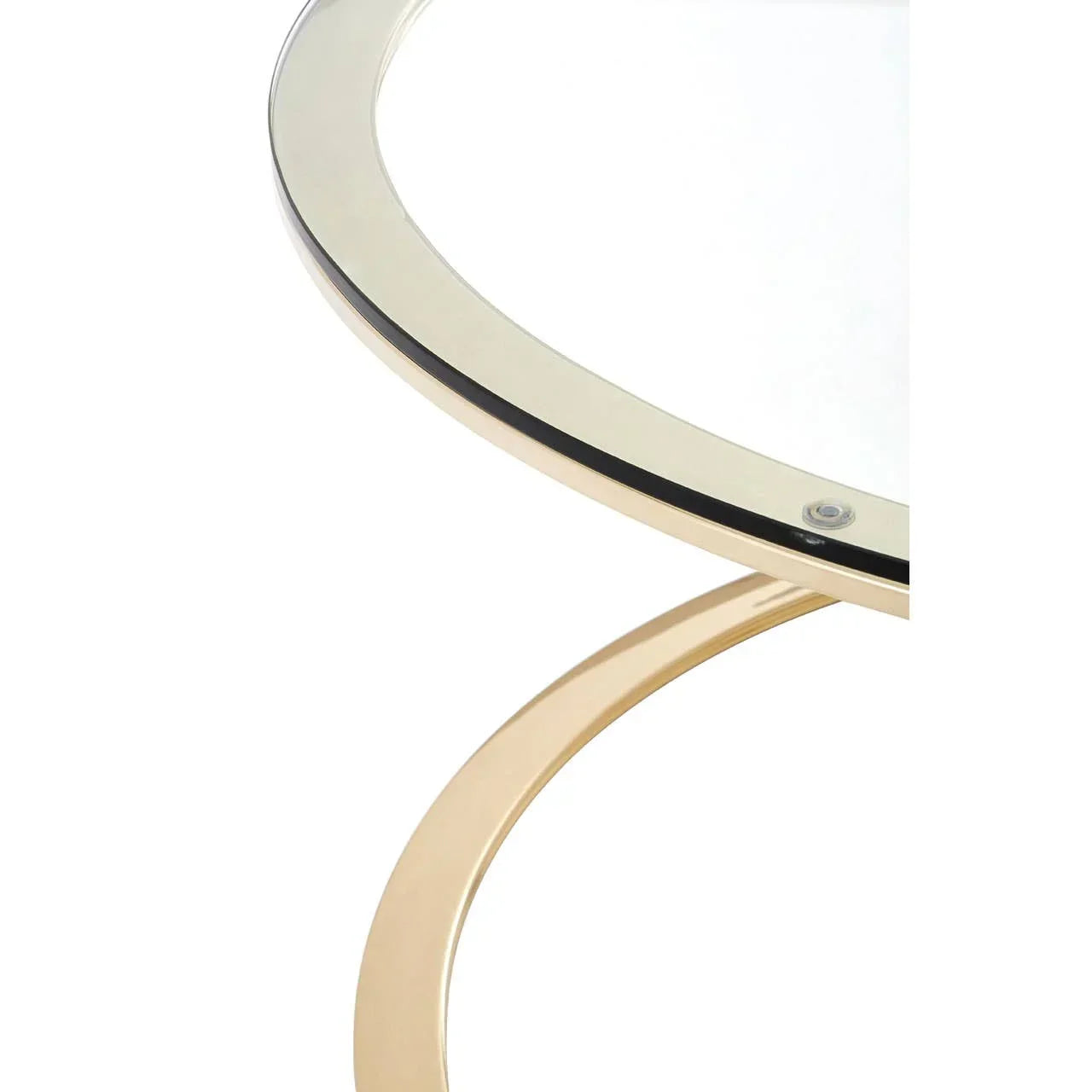 Round glass coffee table with gold metal frame closeup