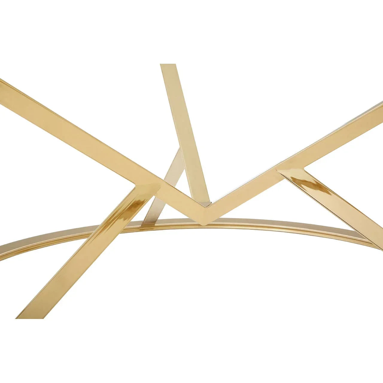 Gold metal coffee table base with geometric intersecting legs on white background