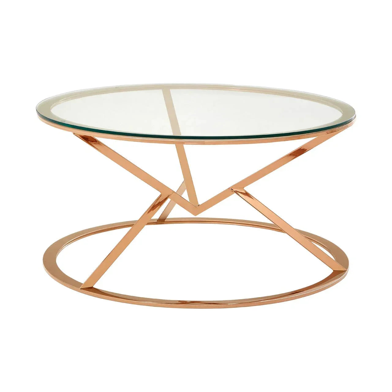 Round glass coffee table with rose gold metal geometric base