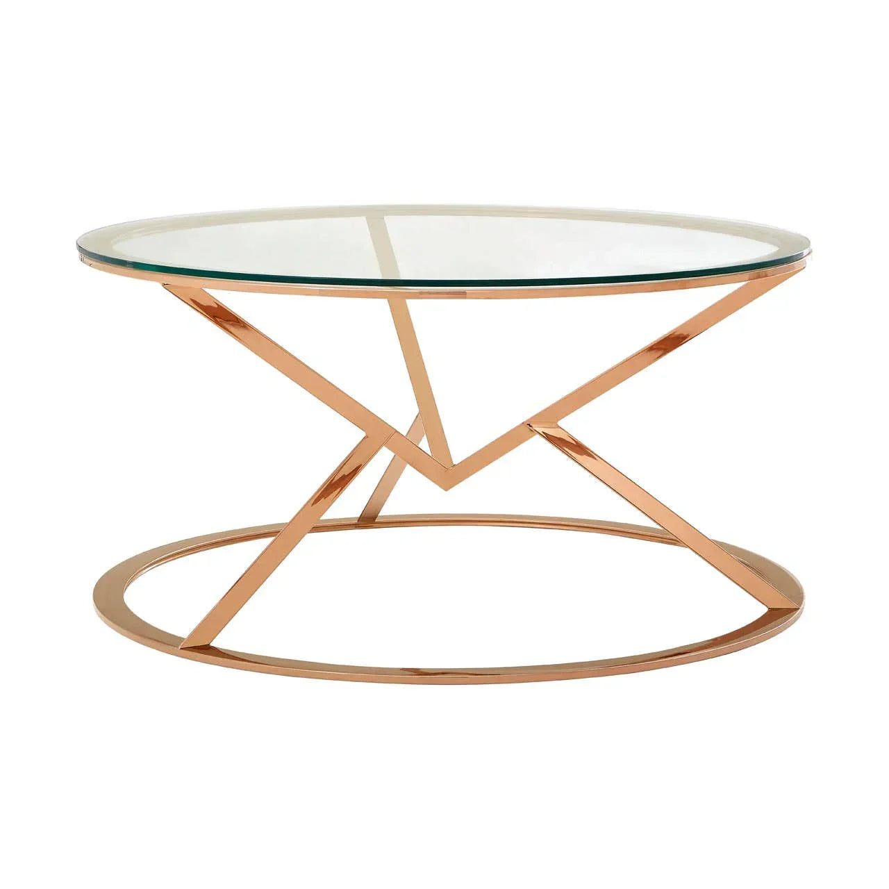 Round glass coffee table with gold metal geometric base