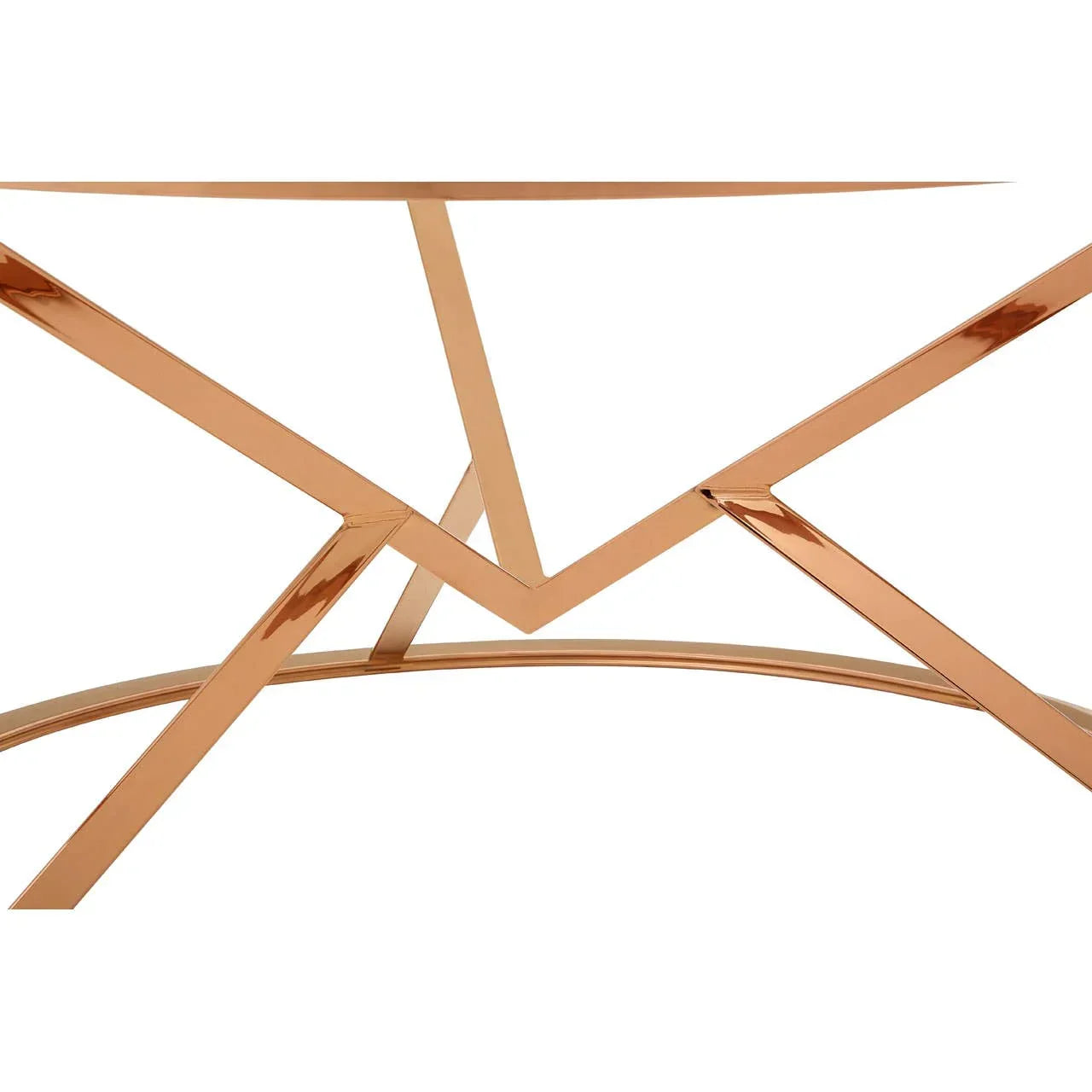 Rose gold metal coffee table base with geometric angled legs, close-up view