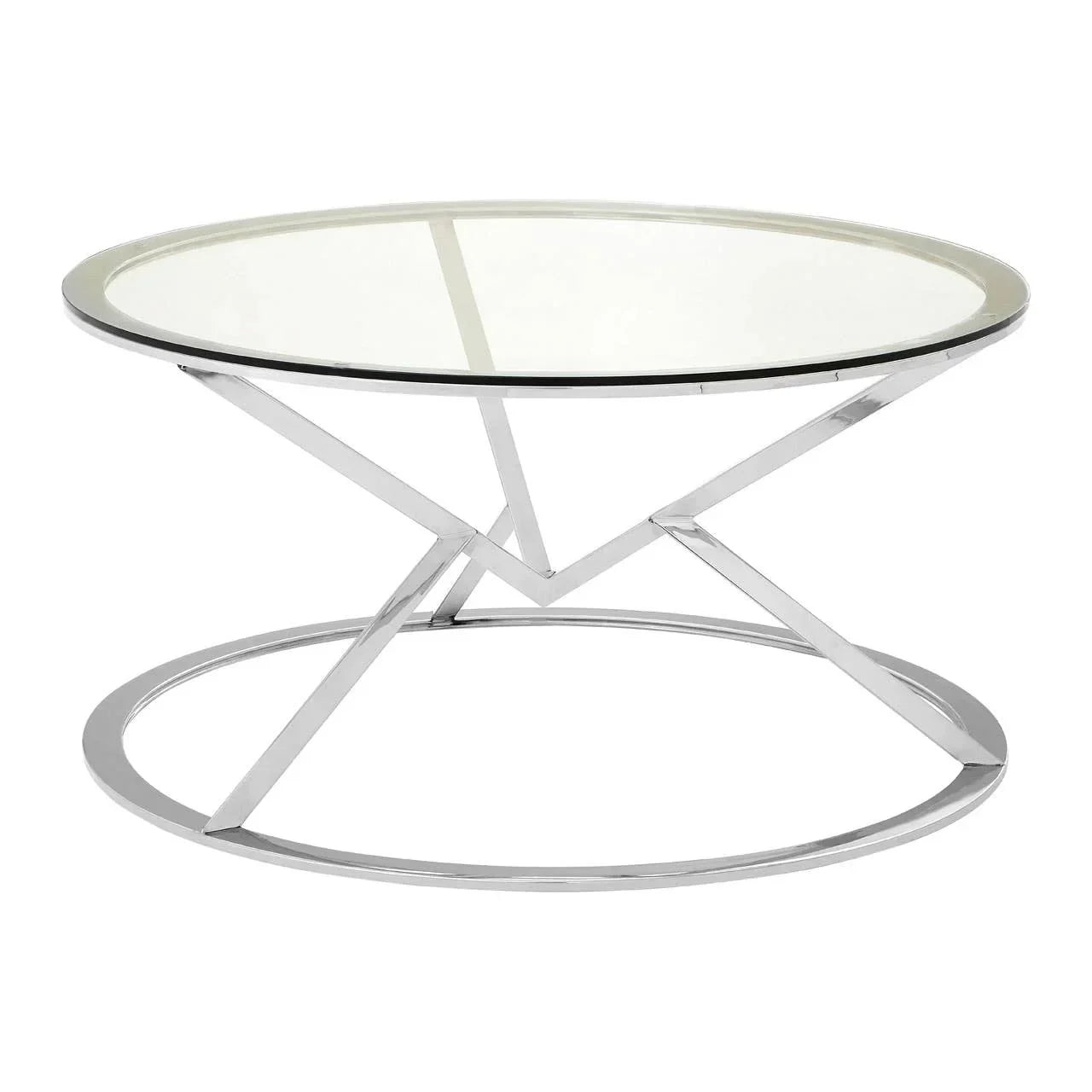 Round glass coffee table with chrome metal frame and modern geometric base