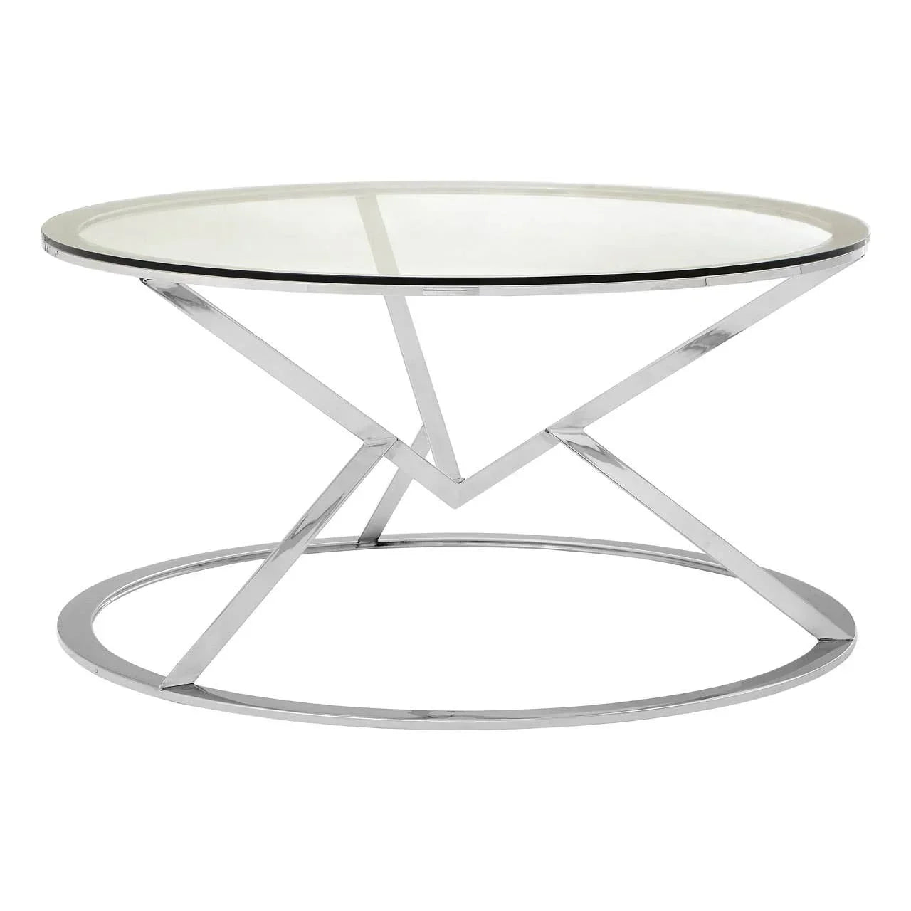 Round glass coffee table with chrome geometric metal base on white background